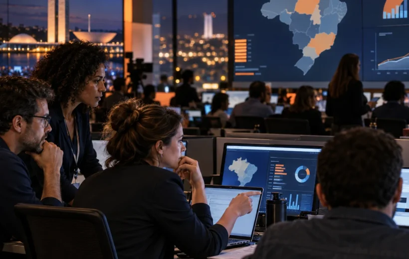 Equipe de portal analisa audiência e oportunidades comerciais em central de resultados eleitoral