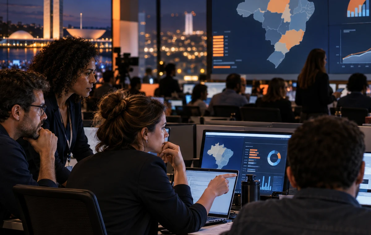 Equipe de portal analisa audiência e oportunidades comerciais em central de resultados eleitoral