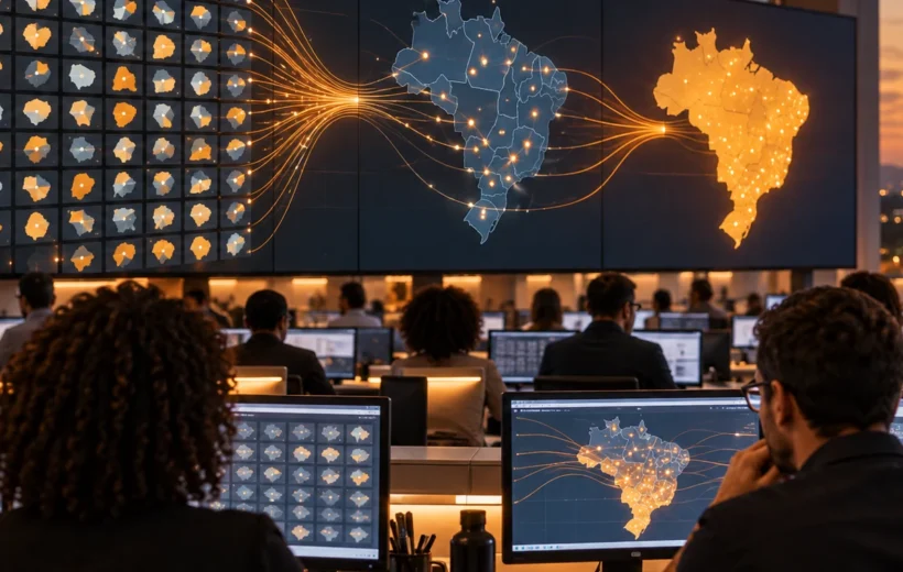 Redação acompanha em grandes telas o fluxo de apuração eleitoral com dados abstratos
