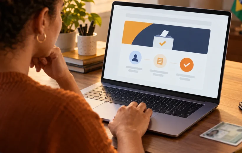Eleitora consulta informações do título de eleitor em um notebook de forma segura