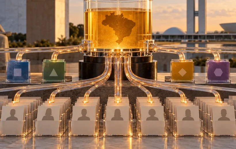 Cofre público transparente e gráfico de distribuição representam o Fundo Eleitoral de 2026