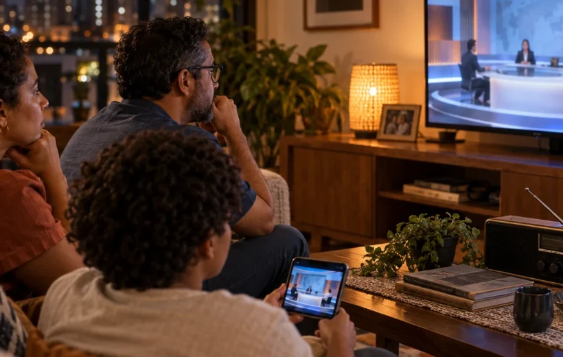 Família acompanha programação eleitoral em televisão enquanto rádio está sobre uma mesa