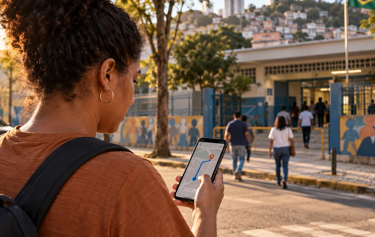 Eleitor planeja a rota até uma escola que funcionará como local de votação em 2026