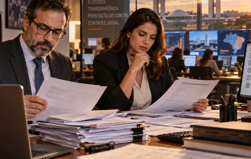 Profissionais conferem documentos, recibos e relatórios de uma prestação de contas eleitoral