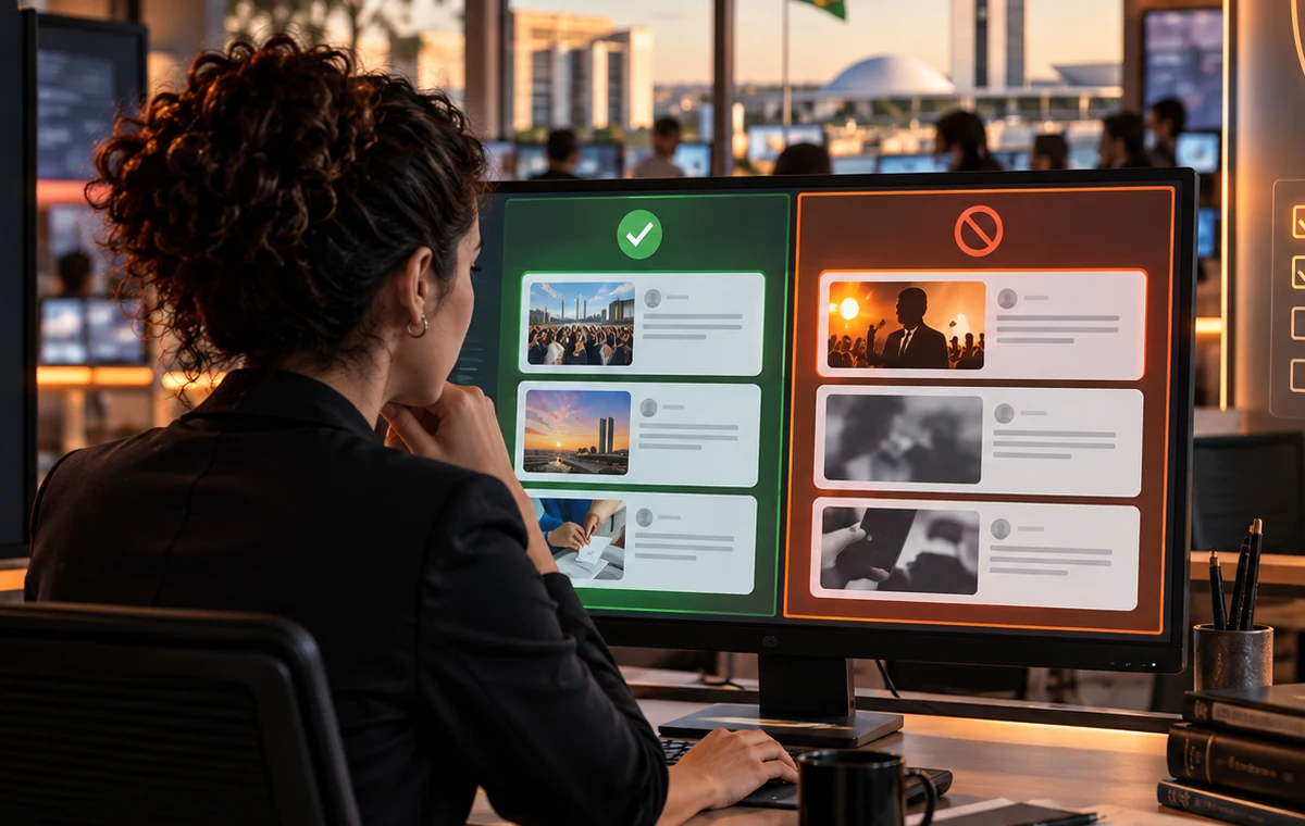 Equipe de comunicação analisa campanha eleitoral digital em telas abstratas e apartidárias