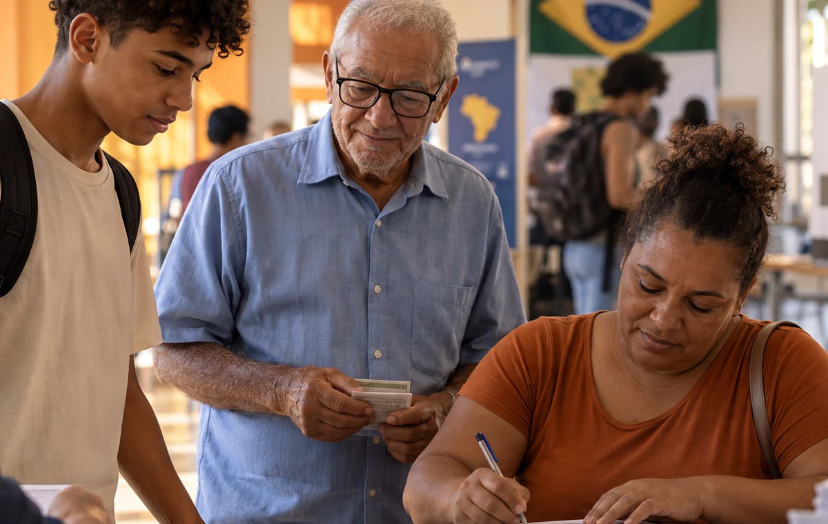 Jovem, pessoa idosa e adulto em alfabetização recebem orientação eleitoral em um centro comunitário