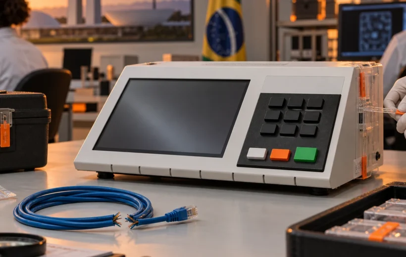 Urna eletrônica isolada de cabos e redes em ambiente seguro de seção eleitoral