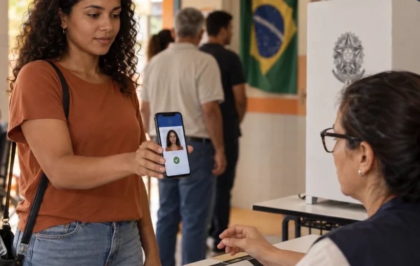 Smartphone mostra credencial eleitoral digital abstrata com espaço reservado para fotografia