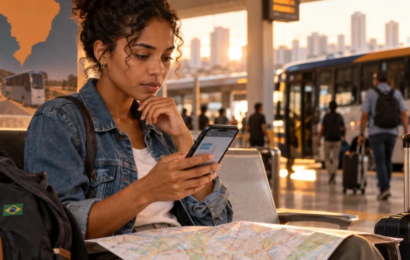 Viajante brasileira consulta mapa e local de votação temporário em uma rodoviária
